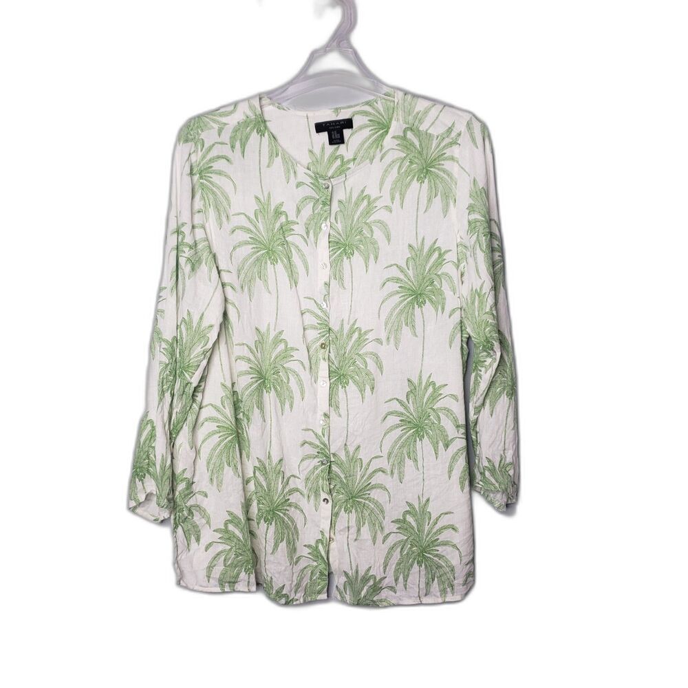 Tahari White with Green Palm Trees Linen Long Sleeve Tunic Shirt Womens Size 2X
